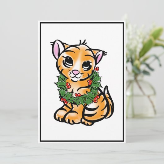 Schattigee kerstkitten tijger feestdagenkaart (Staand voorkant)
