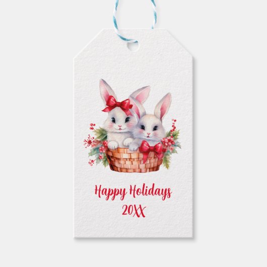 Schattigee kerstkonijntjes in een mandje cadeaulabel (Voorkant)