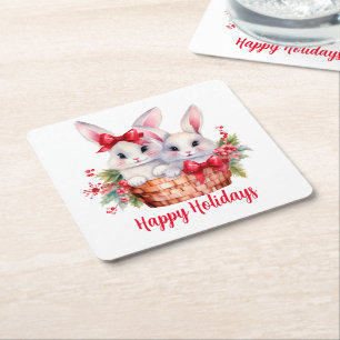 Schattigee kerstkonijntjes in een mandje kartonnen onderzetters