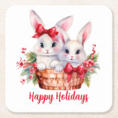 Schattigee kerstkonijntjes in een mandje kartonnen onderzetters (Voorkant)