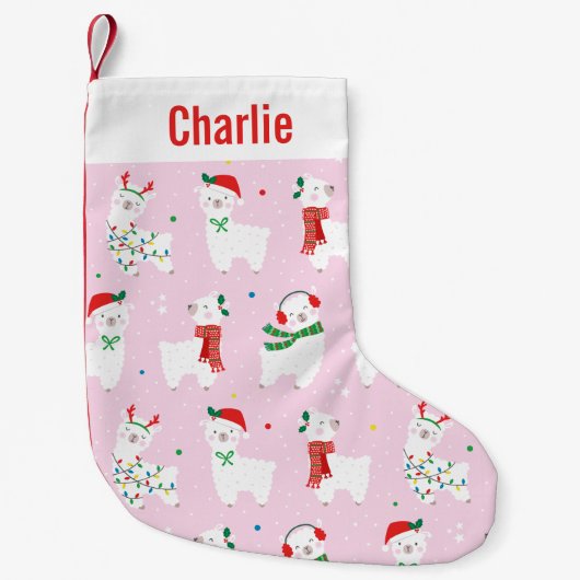 Schattigee kerstlama's op lichtroze kleine kerstsok (Voorkant)