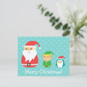 Schattigee Kerstman, Elf en Pinguïn, Vrolijk Kerst Feestdagenkaart (Staand voorkant)
