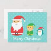 Schattigee Kerstman, Elf en Pinguïn, Vrolijk Kerst Feestdagenkaart (Voorkant / Achterkant)