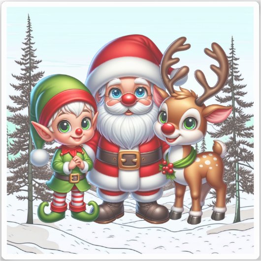 Schattigee Kerstman, Elf en Rendier Kerstmis Sticker (Voorkant)