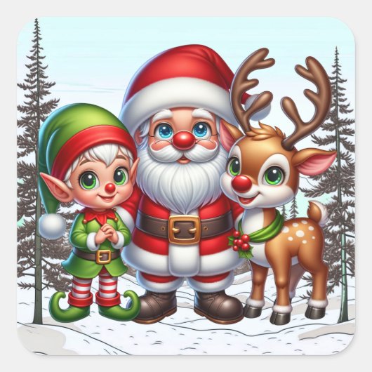 Schattigee Kerstman, Elf en Rendier Kerstmis Vierkante Sticker (Voorkant)