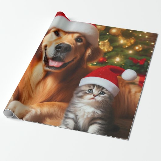 Schattigee Kerstman en Kattenkerst Cadeaupapier (Uitgerold)