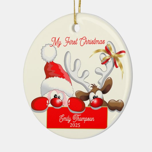 Schattigee kerstman en rendier Baby's eerste kerst Keramisch Ornament (Links)