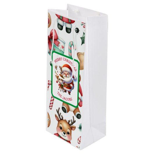 Schattigee kerstman en rendier gepersonaliseerde k wijn cadeautas (Voorkant Gekanteld)