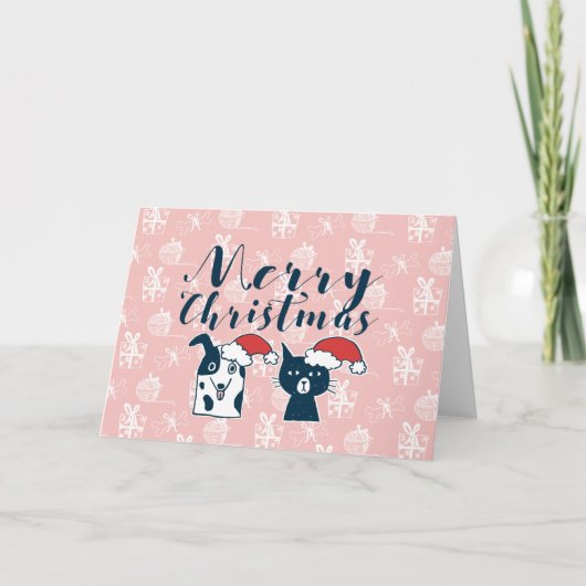Schattigee Kerstman Hond & Kat Illustratie Kerstmi Feestdagen Kaart (Voorkant)