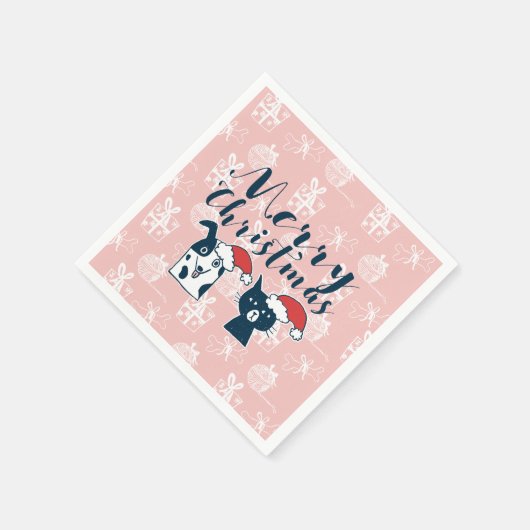Schattigee Kerstman Hond & Kat Illustratie Kerstmi Servetten (Hoek)