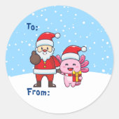 Schattigee Kerstman met Axolotl, Naar en Van Ronde Sticker (Voorkant)