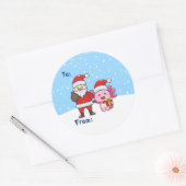 Schattigee Kerstman met Axolotl, Naar en Van Ronde Sticker (Envelop)