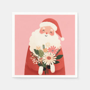 Schattigee Kerstman met Bloemen Roze Kerst Servet