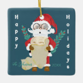 Schattigee kerstman met lijst donkerblauw kerstorn keramisch ornament (Voorkant)