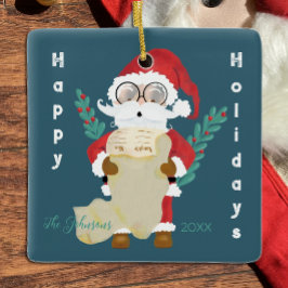 Schattigee kerstman met lijst donkerblauw kerstorn keramisch ornament