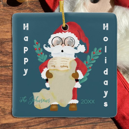 Schattigee kerstman met lijst donkerblauw kerstorn keramisch ornament