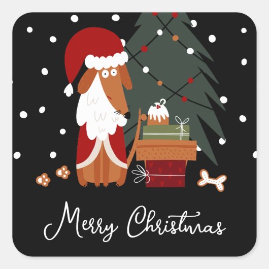 Schattigee Kerstman Paws Hond & Cadeaus Vierkante Sticker (Voorkant)