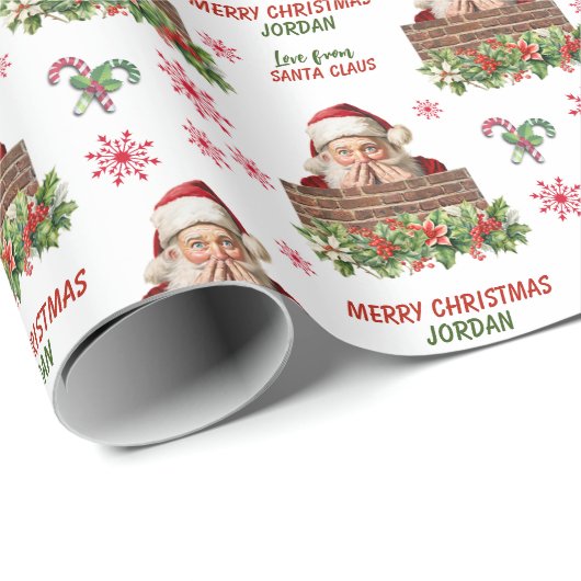 Schattigee Kerstman Peeking Kinder Kerst Cadeaupapier (Rol Hoek)