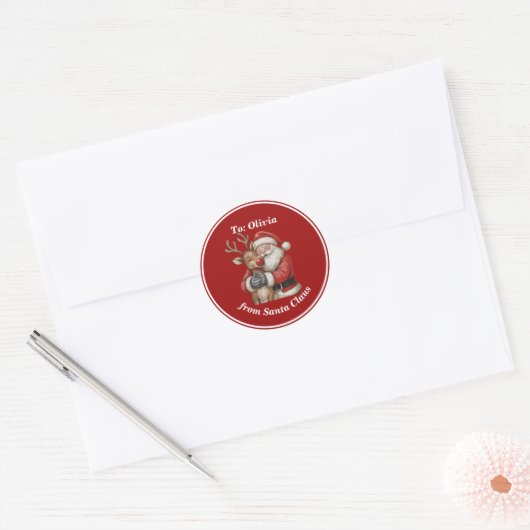 Schattigee Kerstman & Rendier Hug Custom Red Chris Ronde Sticker (Envelop)
