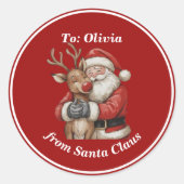 Schattigee Kerstman & Rendier Hug Custom Red Chris Ronde Sticker (Voorkant)