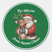 Schattigee Kerstman & Rendier Hug Custom Red Chris Ronde Sticker (Voorkant)