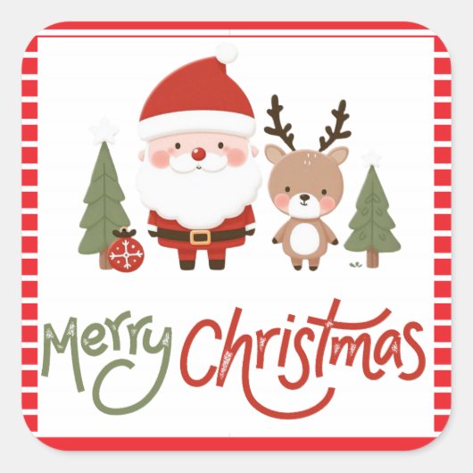 Schattigee Kerstman & Rendier Vierkante Sticker (Voorkant)