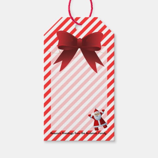 Schattigee kerstman rode boog vrolijke kerststrepe cadeaulabel (Voorkant)