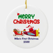 Schattigee Kerstman Vliegen in Vliegtuig & Sleigh, Keramisch Ornament (Achterkant)