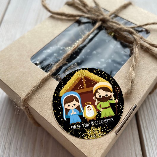Schattigee Kerstmis Geboorte Scène Gouden Glitter Ronde Sticker