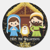Schattigee Kerstmis Geboorte Scène Gouden Glitter Ronde Sticker (Voorkant)