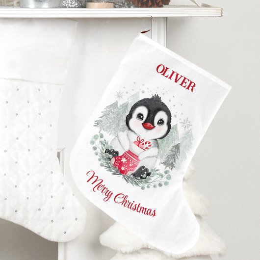 Schattigee Kerstmis Kous Pinguïn Kinder Naam Grote Kerstsok