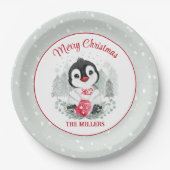Schattigee Kerstmis Pinguïn met Kous Naam Papieren Bordje (Voorkant)
