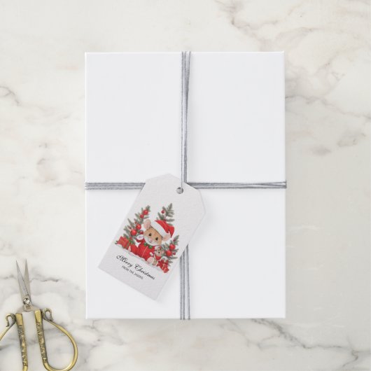 Schattigee kerstmuis met rood Pet gepersonaliseerd Cadeaulabel (Met Touw)