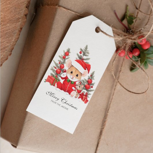 Schattigee kerstmuis met rood Pet gepersonaliseerd Cadeaulabel