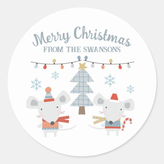 Schattigee kerstmuizen en -bomen ronde sticker (Voorkant)