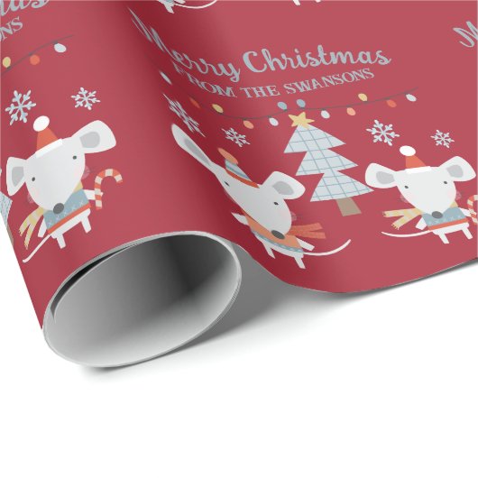 Schattigee kerstmuizen en boompjes op Bourgogne Ro Cadeaupapier (Rol Hoek)