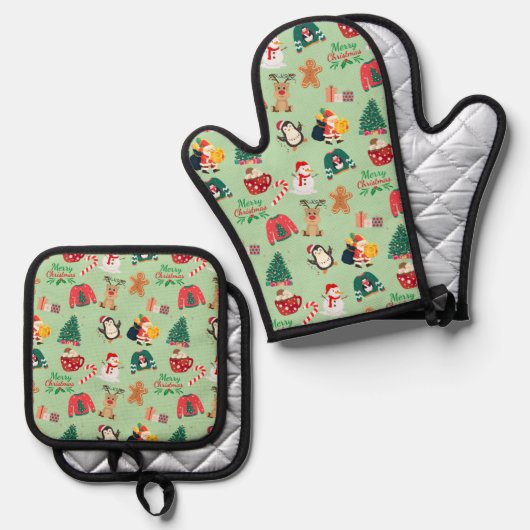 Schattigee Kerstoven Mitt en Pot Holder set (Voorkant / Achterkant)