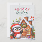 Schattigee kerstpinguïn en peperkoekhuis feestdagenkaart (Voorkant)