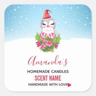 Schattigee kerstpinguïn in Santa Hat Candle Vierkante Sticker