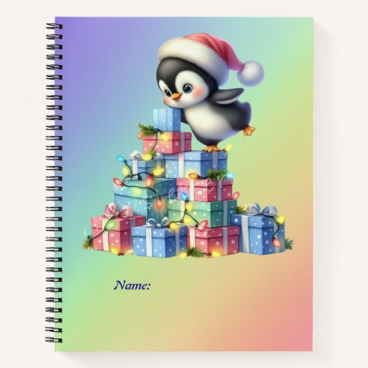 Schattigee kerstpinguïn met geschenken en lichten  notitieboek (Voorkant)