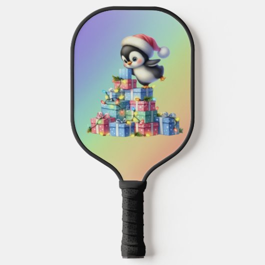 Schattigee kerstpinguïn met geschenken en lichten pickleball paddle (Voorkant)
