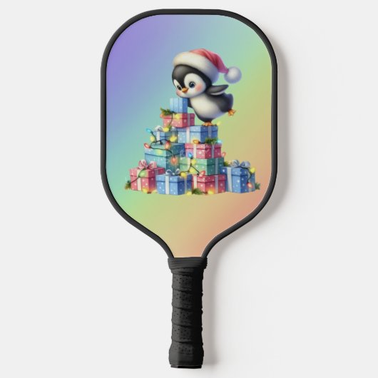 Schattigee kerstpinguïn met geschenken en lichten  pickleball paddle (Achterkant)