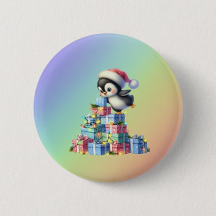 Schattigee kerstpinguïn met geschenken en lichten ronde button 5,7 cm