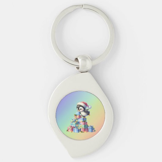 Schattigee kerstpinguïn met geschenken en lichten sleutelhanger (Voorkant)