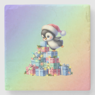 Schattigee kerstpinguïn met geschenken en lichten  stenen onderzetter