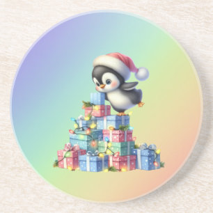 Schattigee kerstpinguïn met geschenken en lichten  zandsteen onderzetter