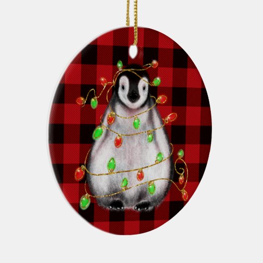 Schattigee Kerstpinguïn tekening rode zwarte plaid Keramisch Ornament (Rechts)