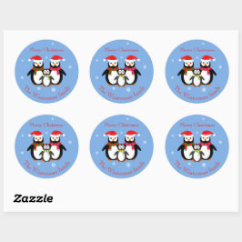 Schattigee kerstpinguïns bewerkbare tekst blauw ronde sticker