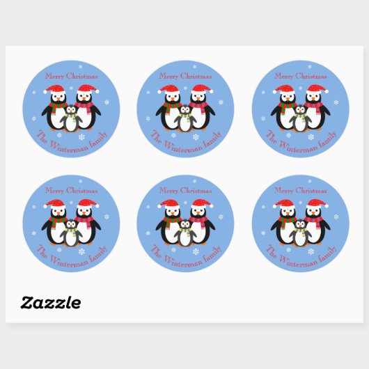 Schattigee kerstpinguïns bewerkbare tekst blauw ronde sticker (Vel)