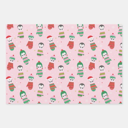 Schattigee kerstpinguïns in gebreide wanten inpakpapier vel (Voorkant 2)
